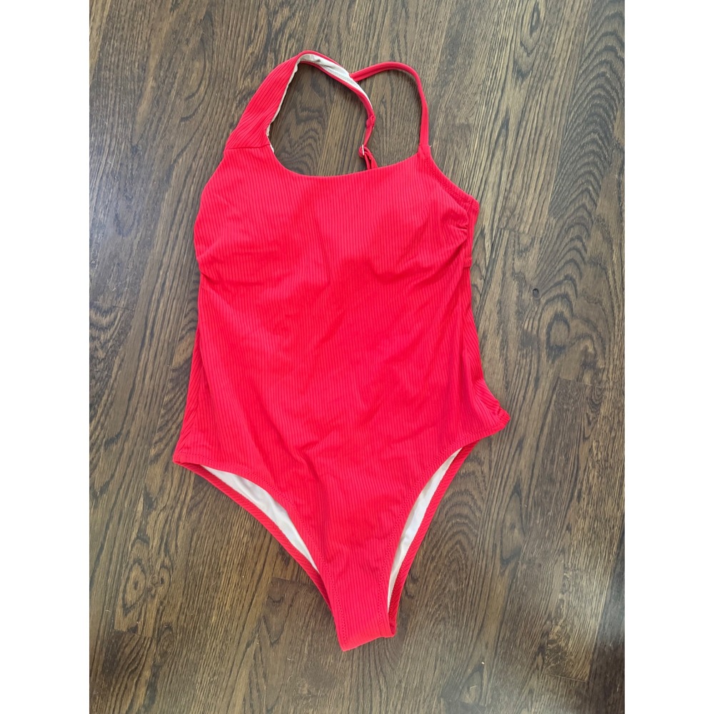 NWT Shade & Shore Red Ribbed One Piece Swimsuit Adjustable Strap Womens M